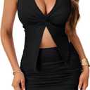 LYANER Women's Summer 2 Piece Outfits Halter Neck Twist Knot Crop Top with Mini Skirt Set (Black, XL)