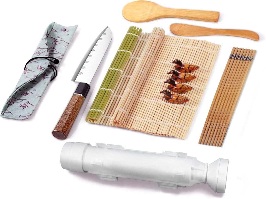 Sushi Making Kit for Beginners, All in One Sushi Maker Set with Sushi Mats Bamboo Roller, Sushi Bazooka, Chopsticks, Paddle, Spreader, Sushi Knife, Chopsticks Holder, TIMDAM Sushi Kit for Home