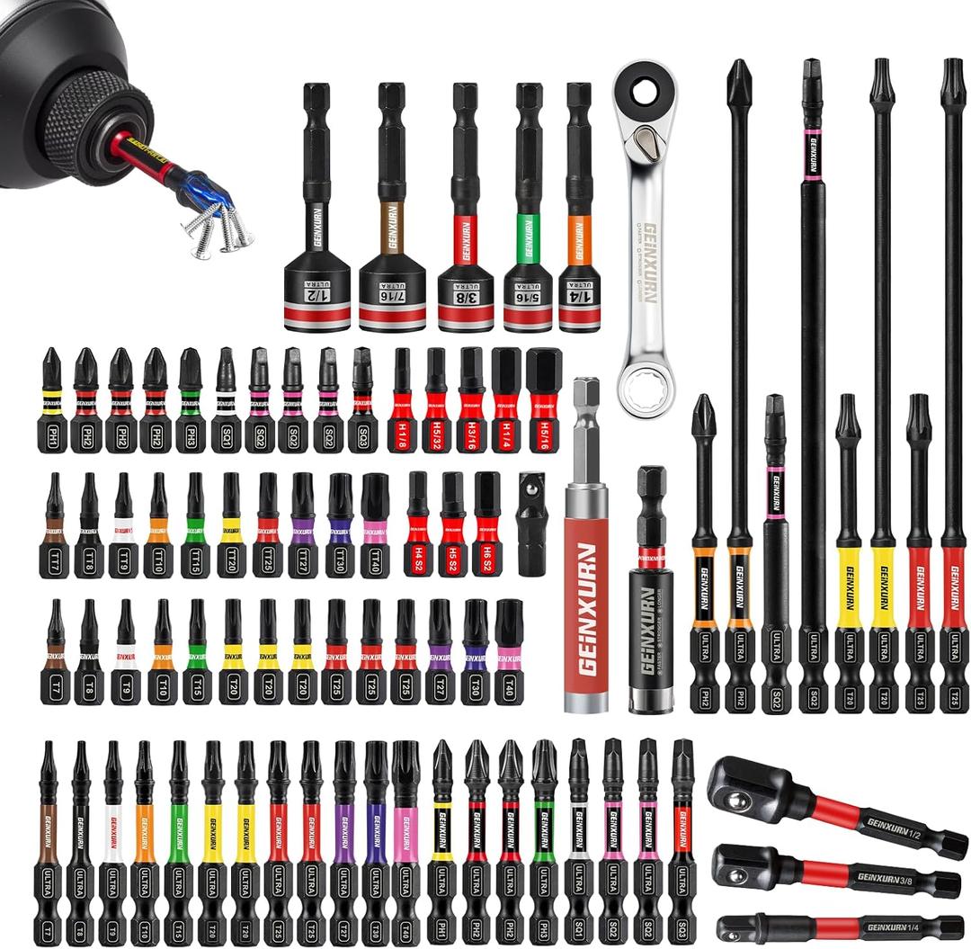 82Pieces Impact Screwdriver Bits Set, Magnetic S2 Steel Phillips/Square/Torx/Hex Insert Power Bits Tips with Impact Bit Holder and Impact Nut Driver and Mini Wrench (Mixed-82Pcs-A)