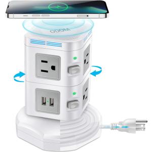 Power Strip Surge Protector, ODOM Power Strip Tower with 15W Fast Wireless Charger, 4 USB Ports + 6 Outlets + 6 Feet Retractable Extension Cord, Multiple Plug Charging Tower for Home Office Dorm