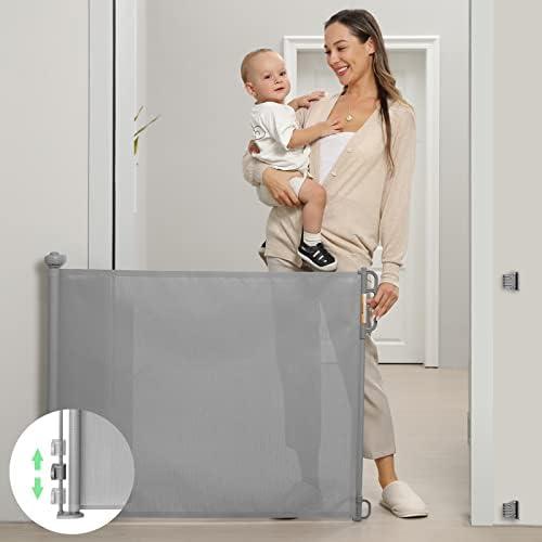 Retractable Mesh Baby Gate or Dog Gate, Child Safety Gate for Indoor or Outdoor, 33-inches Tall with up to 55-inches Wide Extension, Avoid Skirting Installation, Grey