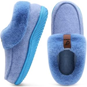 COFACE Women's Memory Foam House Slippers Arch Support Moccasin Winter Shoes Ladies Warm Fuzzy Faux Fur Collar With Indoor Outdoor Rubber Sole (5, Blue)