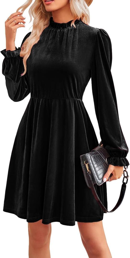 Jayscreate Women's 2023 Velvet Dress Elastic Waistline Fall Long Sleeve Wedding Guest Short Wrap Tunic Formal Dress (X-Large, Black)