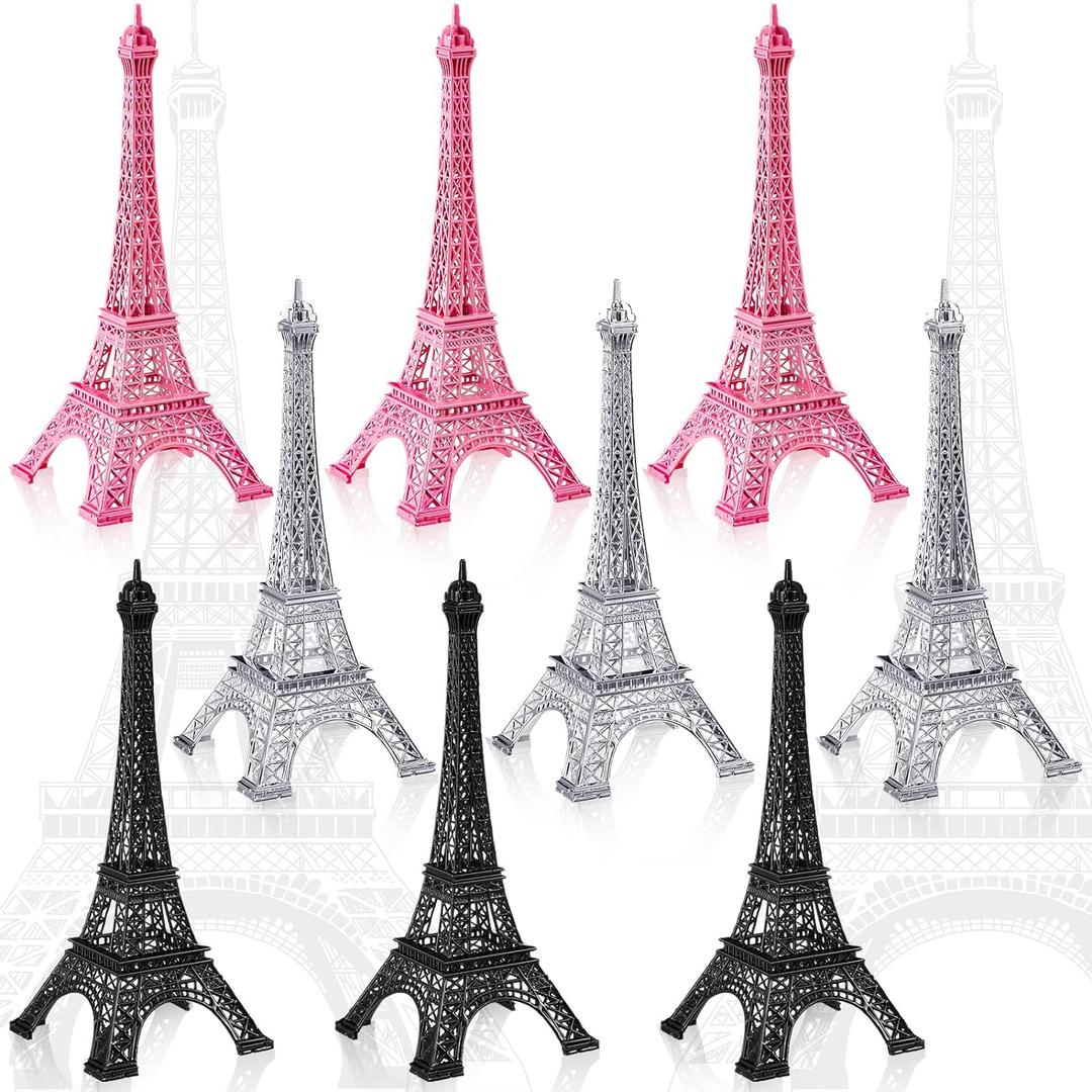Wesiti 9 Pcs Eiffel Tower Decor Statue Alloy Metal Eiffel Tower Cake Topper French Paris Souvenir Gift Multiple Sizes for Cake Stand Table Holder Collectible Figurines Decorations(7'')