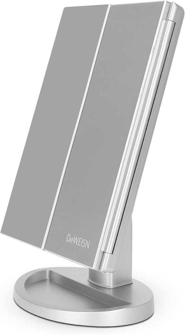 Deweisn Dresser Mount Tri-Fold Lighted Vanity Mirror with 21 LED Lights, Touch Screen and 3X/2X/1X Magnification, Two Power Supply Modes Make Up Mirror,Travel Mirror (Silver)