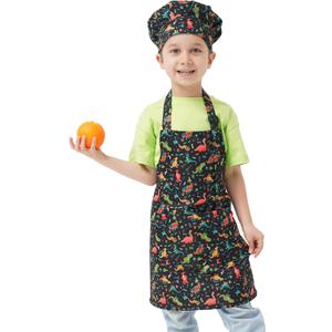 Kids Apron and Chef Hat Set, Children's Kitchen Cooking Aprons with 2 Pockets for Boys Girls Toddler Painting Baking
