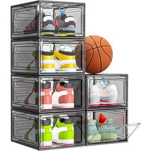 Thicken & Sturdy Clear Shoe Storage Organizer with Magnetic Door, Stackable Boxes for Closet, Foldable Shoe Rack for Sneaker Boot Container, Plastic Shoe Cabinet Shoe Box 6 Pack, Black (6 pcs)