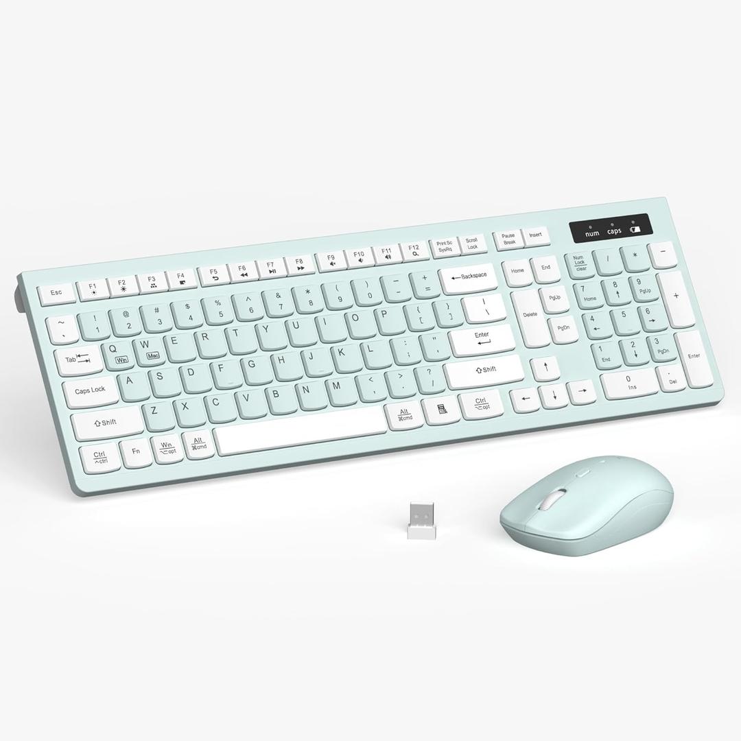 Wireless Keyboard and Mouse Combo, Full-Sized Wireless Keyboard and Adjustable DPI Mouse, 2.4GHz USB Receiver, Keyboard and Mouse for PC, Windows, Desktop, Laptop (Mint Green and White)