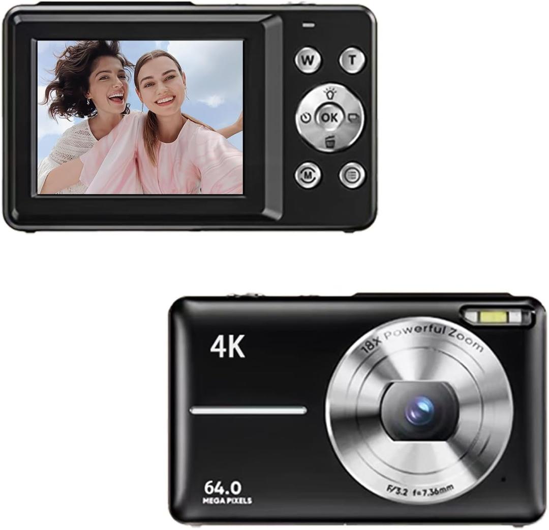 Digital Camera, Autofocus 64MP UHD 4K Vlogging Camera with 18x Digital Zoom, Anti Shake, Portable Camera for Photography, Two Batteries, Lanyard, Small Camera for Kids Teens AdultBlack