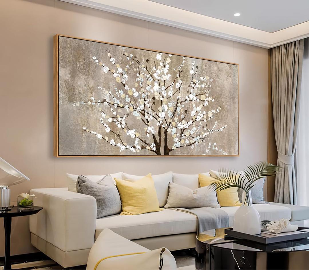 Framed Canvas Wall Art Plum Blossom Flowers Canvas Pictures for Living Room Bedroom Wall Decor Brown Abstract Floral Canvas Art Prints Artwork Home Office Wall Decorations Natural Wood Frame 20" x 40"