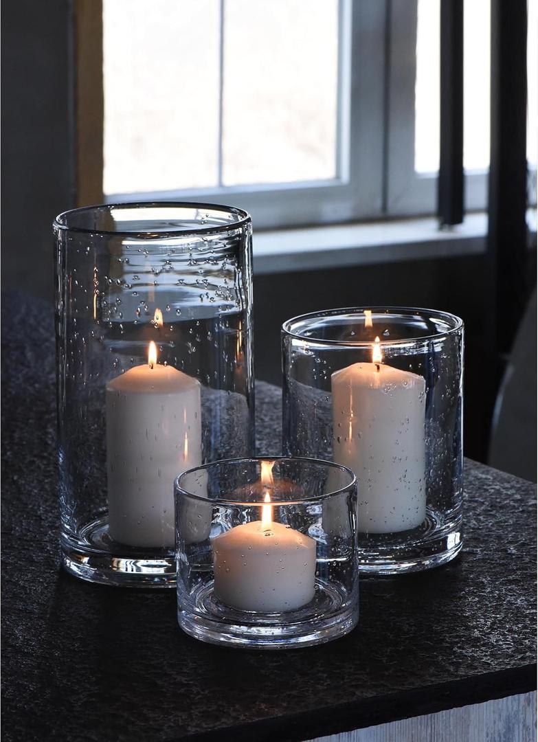 Hurricane Candle Holders for Pillar Hand Blown Glass Cylinder Vases Table Centerpiece Bulk Room Decor Clear Seeded Bubbles Living Dining Kitchen Island 10" 7" 4" Set of 3