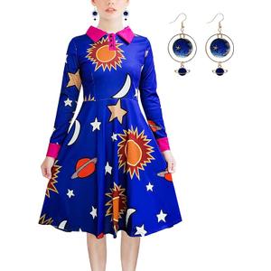 Halloween Women's Planets Stars Moon Solar System Dress Cosplay Costume A-Line Dress XL, Dark Blue 