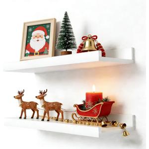 White Floating Shelves for Wall Decor, Wall Mounted Wood Storage Shelf for Bedroom, Living Room, Bathroom, Kitchen, Nursery, Display Picture Ledge Shelf with Lip Set of 2-14 Inches, White (13.6in)