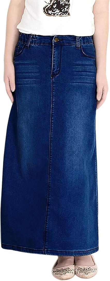 chouyatou Women's Casual Stretch Waist Washed Denim A-line Maxi Skirt (Deep Blue) 2XL chouyatou Women's Casual Stretch Waist Washed Denim A-line Maxi Skirt (Deep Blue) 2XL