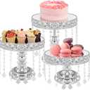 TLY 3 Pcs Silver Cake Stand Set,Round Cake Stand with Crystal Bling Pendants & Mirrored Base,Elegant Silver Dessert Table Display for Weddings Birthdays Parties