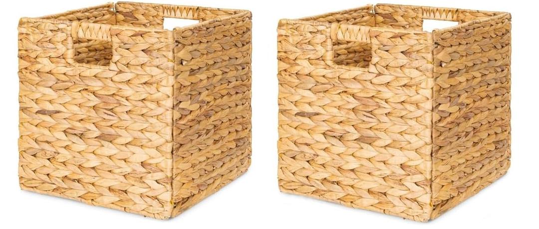 DAJAMAI 10.5 "Foldable Large Cube Water Hyacinth Wicker Storage Basket with Handles and Built-in Metal Frame ,2PCs Stylish and Durable Hand Woven Bin Perfect for Shelves and Living Room Organizing