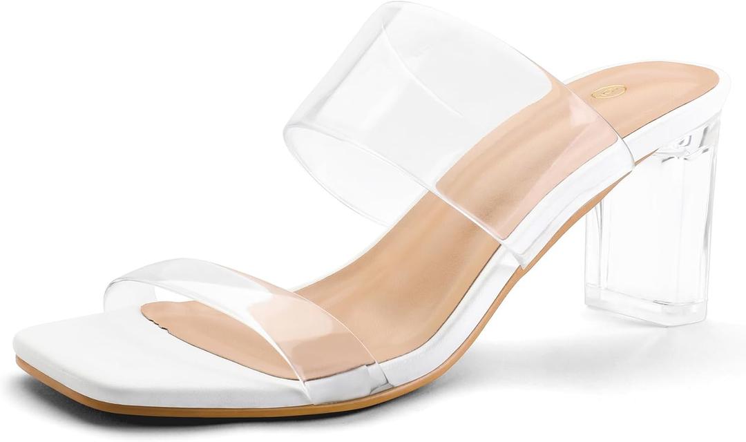 mysoft Clear Heels for Women Transparent Two Strap Block Chunky Square Heel Sandals Open Toe Slip On Sandals (7)