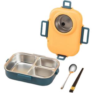 Bento Lunch Box, 304 Stainless Steel Portable Leakproof Lunch Food Containers Set with 3 Compartment for Adults - with Chopsticks Spoon Soup Bowl Gift for Friends, Family (Yellow)