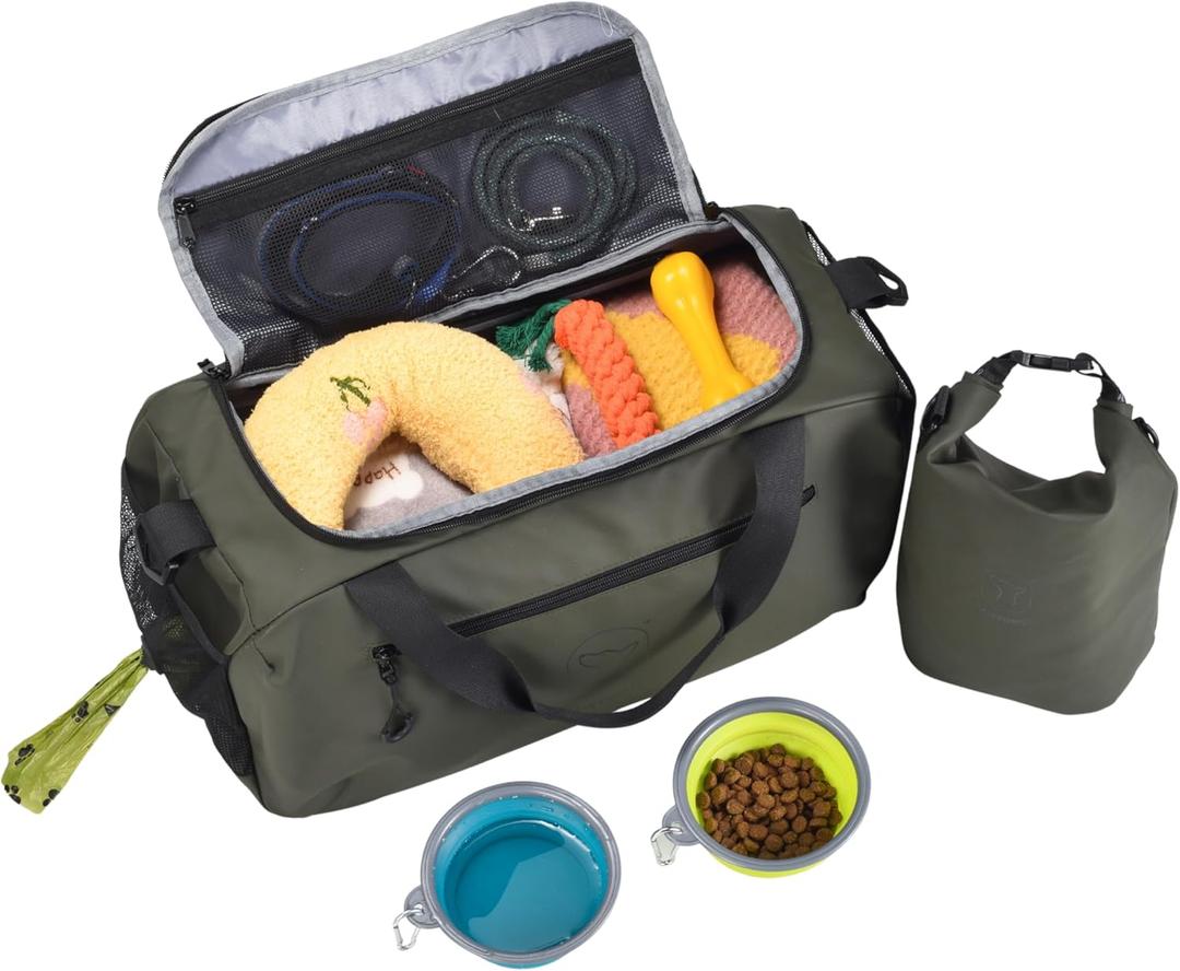 ta-stories 2-in-1 Dog Travel Organizer – Stylish Main Bag with 8-Pocket Organizer, XL Food Container Poop Bag Dispenser | Cabin-Size | Waterproof