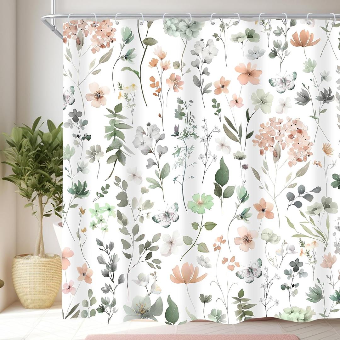 Cinbloo Cute Floral Shower Curtain,Sage Green Flower Fabric Bathroom Curtains,Wildflower Spring Summer Butterfly Plants Leaves Botanical Women Girls Girly Cloth Shower Curtain Set with Hooks, 72Wx72H