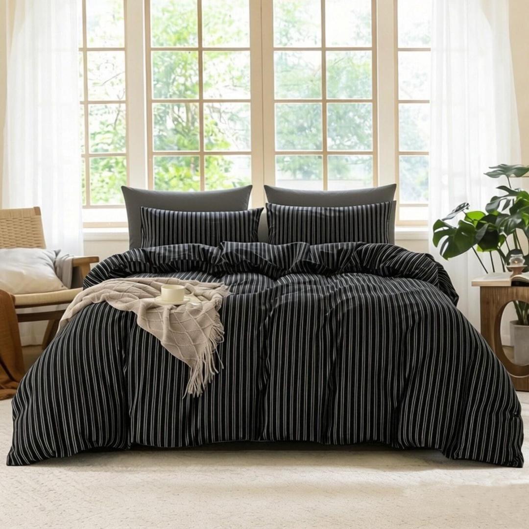 Striped Duvet Cover Set Full Size 100% Washed Cotton Linen Feel Natural Wrinkle Comfy Lightweight Bedding Set (Full, Double Stripe-Black/White) (Full(80" x 90"))