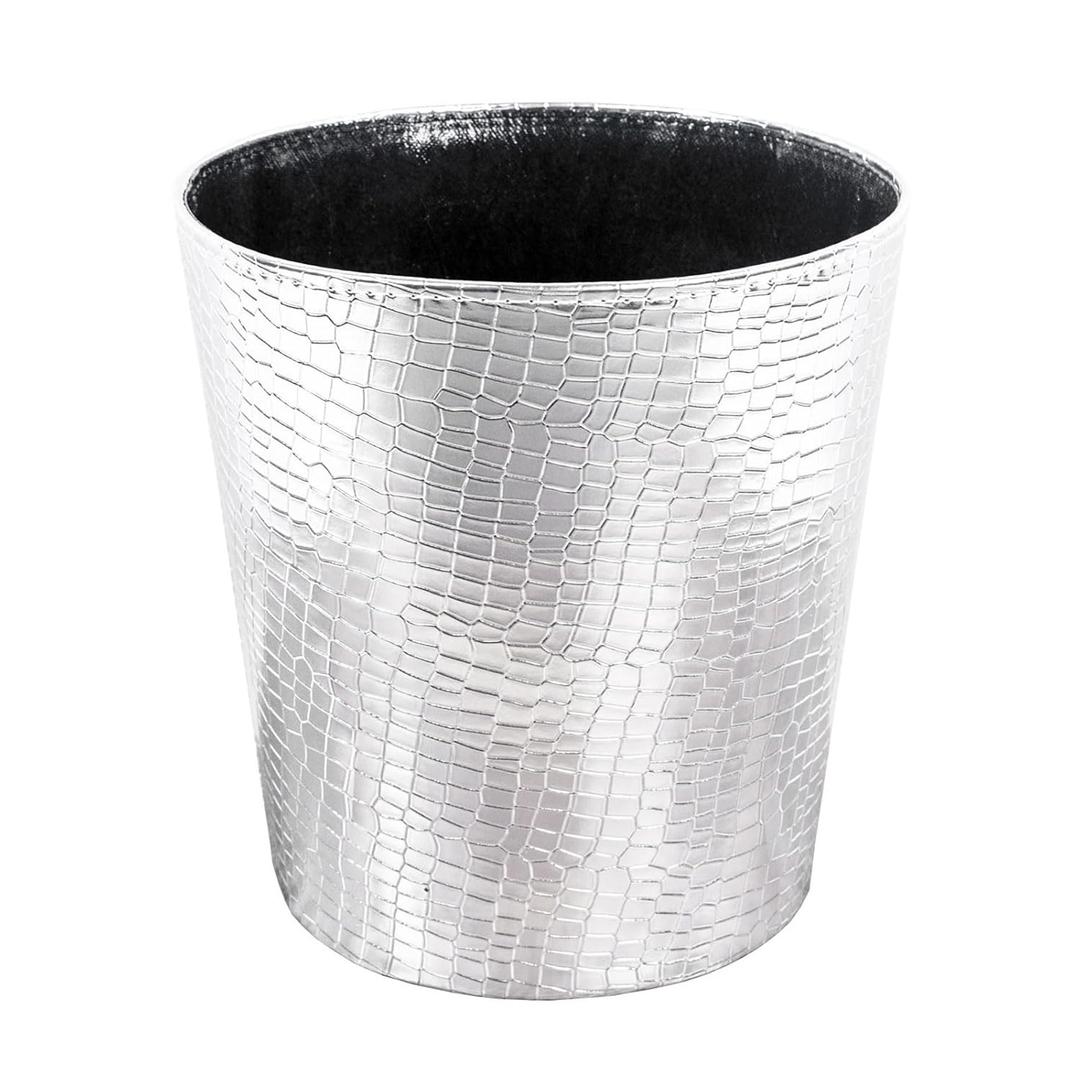 Leather Can, Decorative Waste Basket, 10L Capacity Small Waste Paper Basket, Waterproof Garbage Can for Bathroom, Bedroom, Office, Kitchen and Living Room - Silver