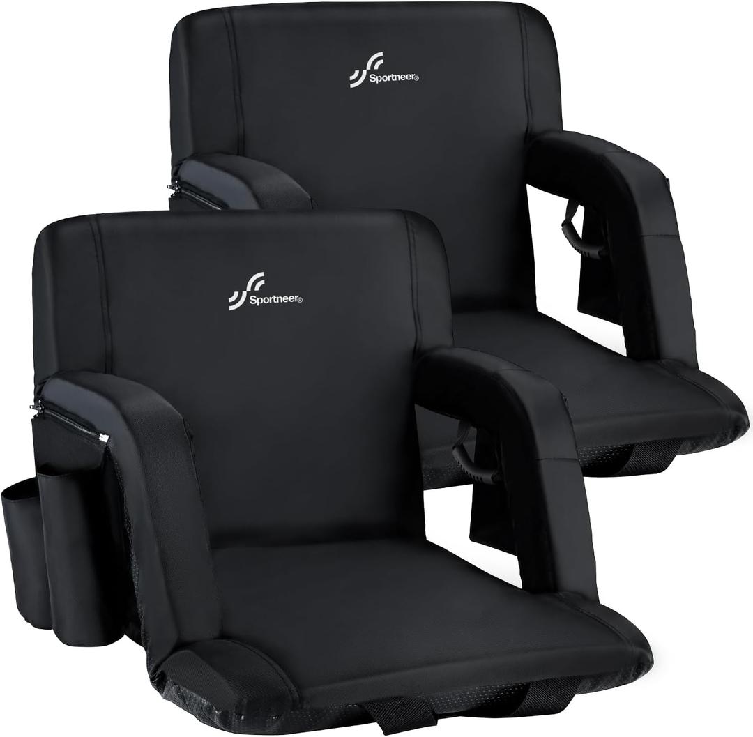 Sportneer Stadium Seats with Back Support: 2.5'' Thick Comfy Cushion 6 Adjustable Angle Bleacher Seat with Armrest - 2 Large Pockets, 2 Cup Holders Stadium Chair for Sport Events Concerts Parks (Black, 2 Pack)