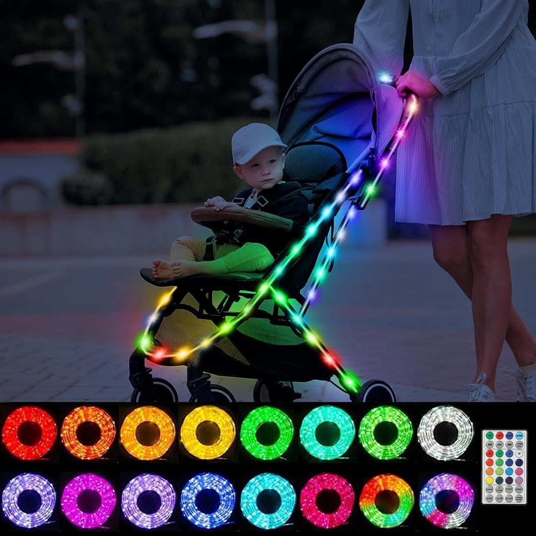 Battery Powered LED Baby Stroller Lights, 10 FT Multicolor Stroller Rope Lights for Night Walking, 16 Colors 8 Modes Stroller RGB Led Strip Light with Remote for Stroller Accessories