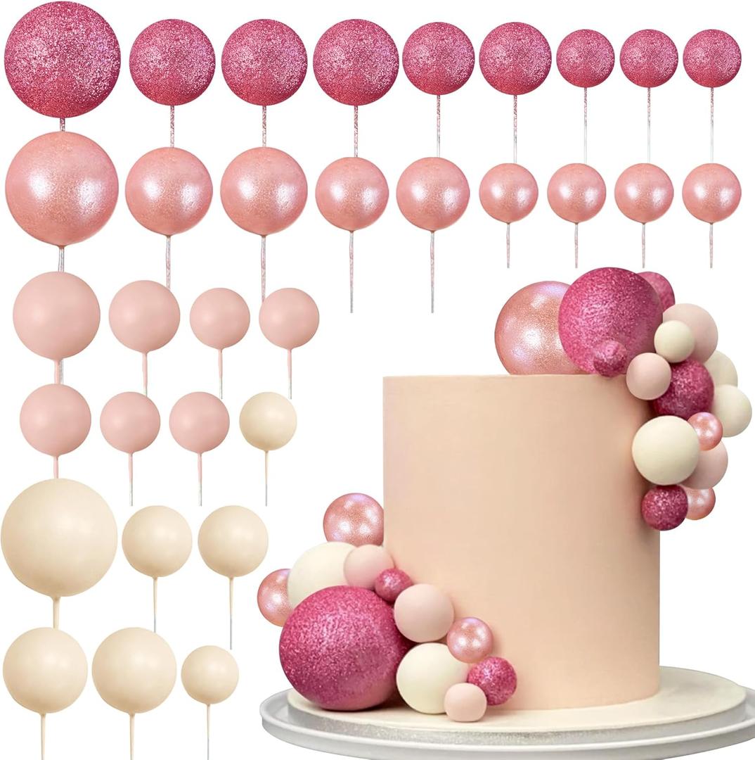 Ball Cake Topper Ball Cake Picks Colorful Pearl Ball Shaped Cupcake Insert Cake Topper for Bear Theme Birthday Party Favors Wedding Decoration (Glitter Pink Rose Gold light brown Apricot)