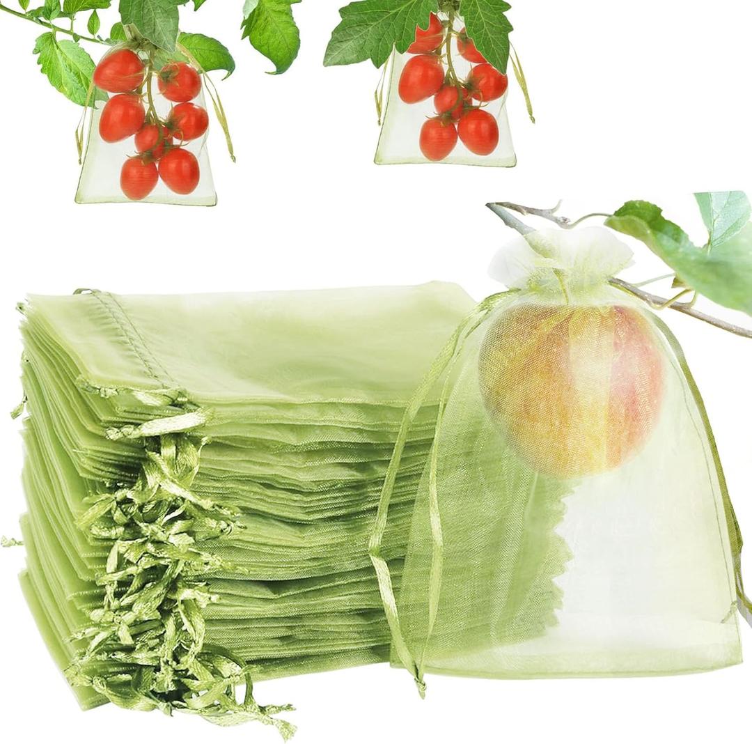 JTENGYAO 100pcs Fruit Protection Bags 6x8 inch, Green Fruit Nets for Fruit Tree, Fruit Protectors Pest Barrier for Tomato Mango Trees Veggies Garden
