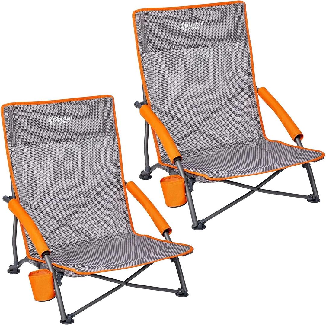 Portal Beach Chairs for Adults Camping Low Lightweight Portable Chair with Cup Holder Mesh Back Carry Bag for Outdoor Sand Lawn Travel Picnic Festival Concert, 24" High Back