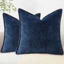 decorUhome Chenille Soft Throw Pillow Covers 20x20 Set of 2, Farmhouse Velvet Neutral Decorative Euro Pillow Covers with Stitched Edge for Couch Sofa Bed Home Decor, Blue