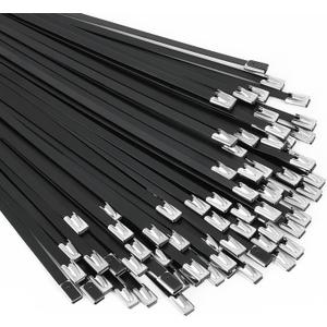 Metal Zip Ties black 100pcs 11.8 inch 304Stainless steel Epoxy Coated Cable Tie Multi-Purpose Self-locking Cable Ties Used for Machinery, Vehicles, Farms, Cables, Pipesas Well as Outdoor Binding