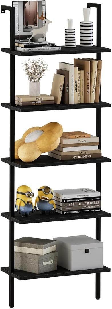 aboxoo Ladder Shelf Open 5-Tier Bookshelf Wall-Mounted Black Wood Bookcase Storage Rack Open Industrial Modern Plant Stand Utility Organizer Bookcase Metal Frame Furniture Office Bedroom (1PC)