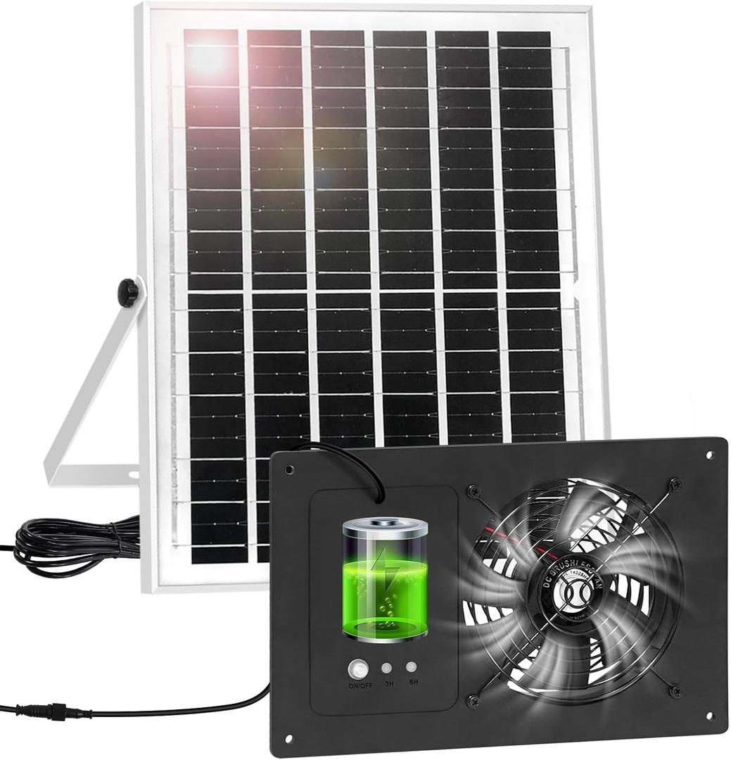 Solar Powered Fan with Battery Run Day/Night, 15W Solar Fan for Chicken Coop with 16.4Ft Cable,3/6H Timer, Waterproof Greenhouse Fans for Shed, Chicken Coop,Ventilation (Black-1Pack)