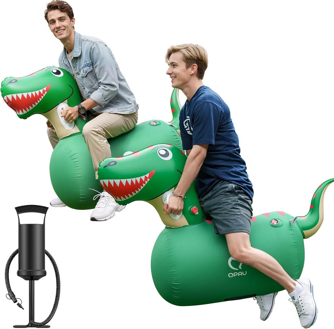 QPAU Inflatable Bouncy Dinosaur Toys 2 PCS with Hand Pump, Heavy Duty Giant Bouncy Pal, 220lbs Load Capacity, Ride On Bouncy Animal Hopper Toy, Indoor Outdoor Bouncers for Kids Girls Boys Ages 5+
