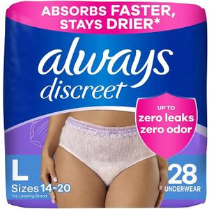 Always Discreet Adult Diapers for Women, Incontinence Underwear, Drier Than Depends, Postpartum Essentials, Disposable Briefs, Max Absorbency, Bladder Leak Protection, Large, 17ct