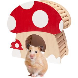 Hamster Mini House, Mushroom-Shaped Wood Hide Home for Dwarf Hamsters, Rat, Gerbils, Syrian, Mice, Small Animals Hideout Habitat Hut, Wooden Hamster Hideaway Toys, Indoor Cave Cage Accessories