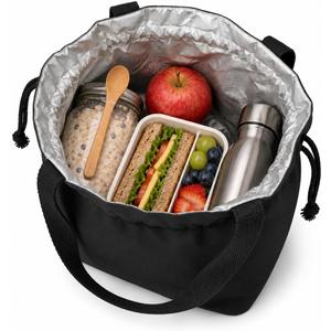 Reusable Lunch Bag - Cute Canvas Tote with Handle and Drawstring Closure for Work, Picnic, Travel (black)