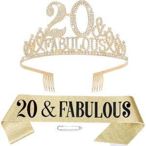 20th Birthday Decorations for Women, 20th Birthday Gifts Sash and Crown for Women Set, 20 & Fabulous Party Supplies, Gold