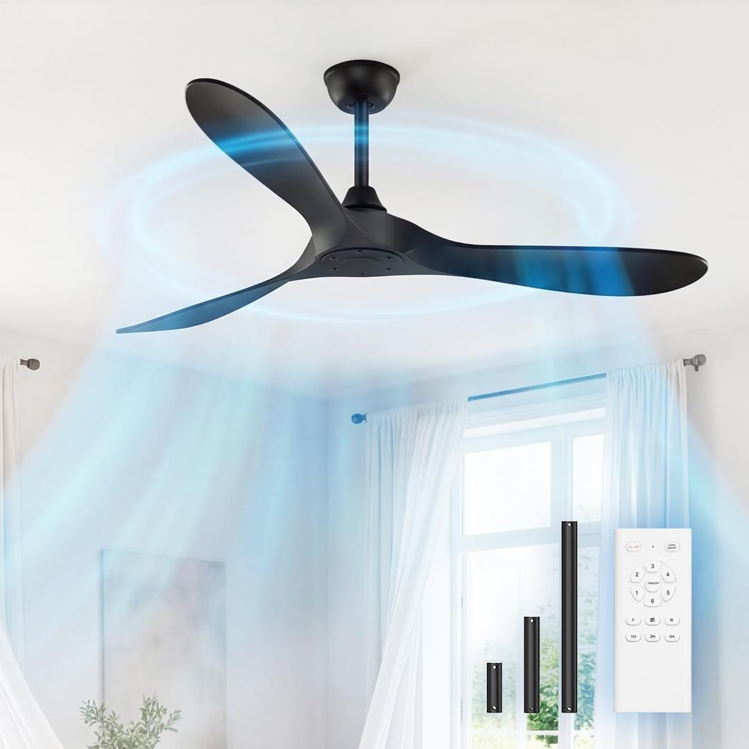 KASASS Black Ceiling Fan No Light, 52" Outdoor Fans for Patios/Porch/Bedroom/Kitchen with Remote, Noiseless, 3 Downrods, 6 Speed, Reversible DC Motor, Modern, 3 Blades, Timer