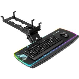 Keyboard Tray Under Desk with Storage Drawer, Height Adjustable Keyboard Tray Slide Out 360 Swivel Tilt, Ergonomic Under Desk Mount Keyboard & Mouse pad Lighting, Black