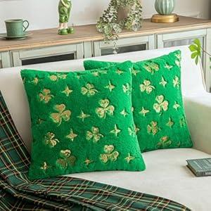 SHITURRE St Patricks Day Throw Pillow Covers for Holiday Decor, Irish Clover Sequin Pillow Covers Set of 2, Soft Fluffy Pillowcases(Green & Gold, 20"x20")