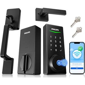 Philips Touchscreen WiFi Smart Lock with Handle Set, Built-in WiFi, Remote Control & Voice Control, Fingerprint Keyless Entry Door Lock, Smart Locks for Front Door Deadbolt, Auto-Lock, Matte Black
