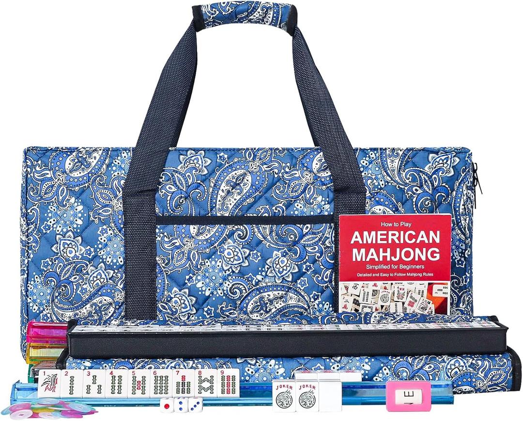 ZGME American Mahjong Set, 166 Premium White Tiles with Soft Bag and Accessories, 4 All-in-One Mahjong Racks with Pushers, Complete Western Mah Jongg, Mah-Jongg, Ma Jong Set
(Blue)