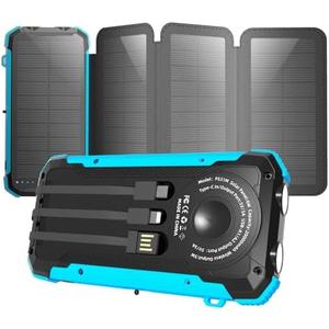 Solar Charger Power Bank, 20000mAh Portable Phone Charger with 1 Type-C & 2 USB-A Ports Built-in Dual LED Flashlight，Compatible with iPhone, Samsung & More, Waterproof Solar Panel for Camping, Hiking