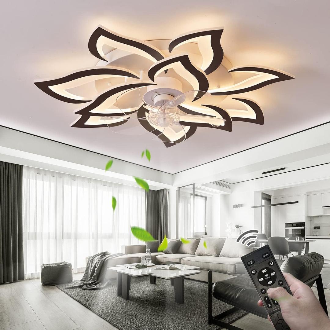 32''Ceiling Fans with Lights and Remote, Modern Flush Mount Ceiling Fan with Dimmable LED Light 3 Color Temperatures 6 Gear Wind Speed Bladeless Ceiling Fan for Kids Room Living Room