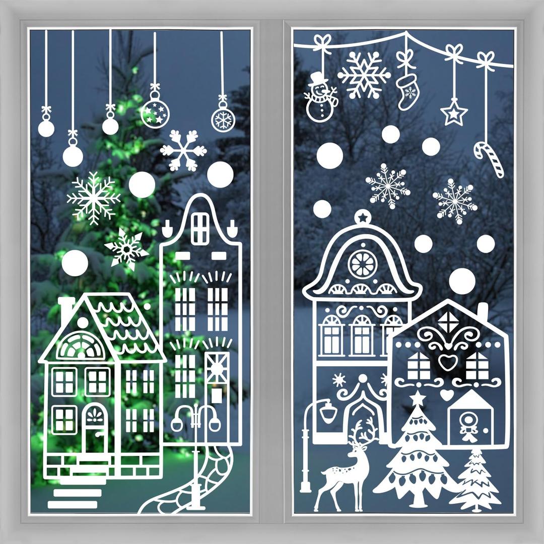 FINGOOO 56PCS Large Christmas Window Clings,15.7x 27.6 White House Xmas Static Cling Window Decorations Winter Window Stickers Double Sided 4 Sheets