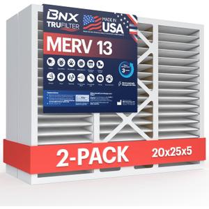 BNX TruFilter 20x25x5 (19.88 x 24.75 x 4.38 Honeywell Compatible 4) MERV 13 Air Filter (2-Pack) - MADE IN USA - HVAC AC Furnace Filters Health, Allergies, Mold, Bacteria, Smoke, MPR 1900 FPR 10