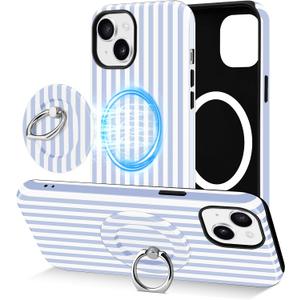 Jusy Compatible with Magsafe Striped Phone Case for iPhone 14 Plus, Cute Aesthetic Magnetic Ring Holder Stand Case, Soft TPU and Hard PC Protective Phone Cover for Women Girls - Blue Striped
